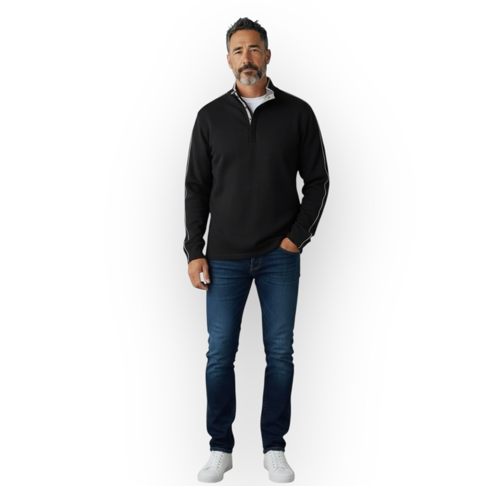 Hathaway Men’s Ribbed Knit Polo Sweater Snap Closure Black Mock Neck Large
